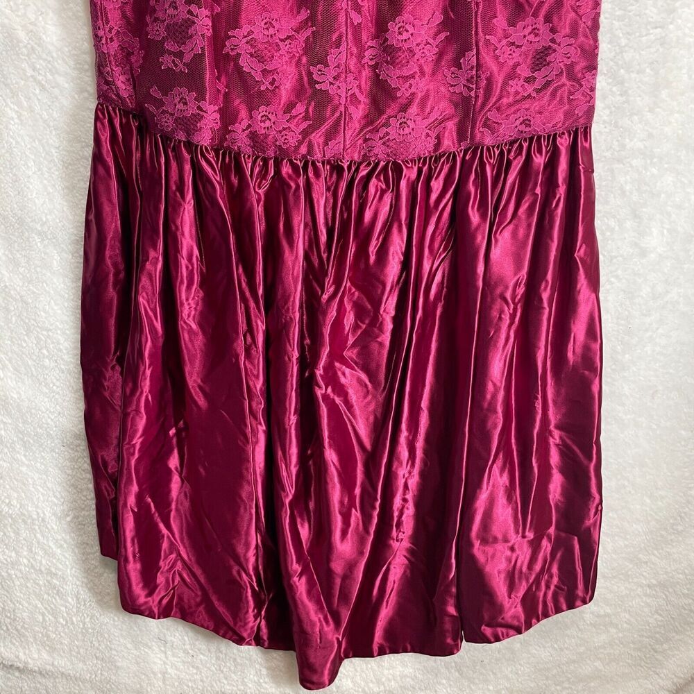 Vintage 80s Magenta Lace Satin Dress Puff Sleeve Prom Party Retro Size Small - Picture 10 of 15